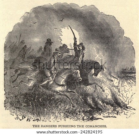 Texas Rangers pursuing Comanches. When the rangers were established in prior to their 'official birth' in 1874, their primary role was to defend settlers against Indians. 1883 engraving.