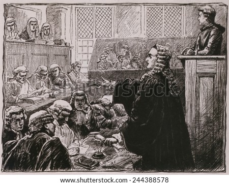 Andrew Hamilton, Peter Zenger\'s (seated, upper right) defense lawyer, argues against his guilt for seditious libel against the colonial governor. In the crowded New York courtroom.