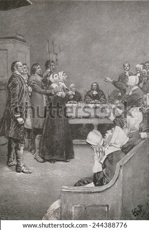 Salem Witch Trials. Two women stand on trial in 1682 with guards, as the accusing girls demonstrate their demonic afflictions. Illustration by Howard Pyle.