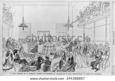 1859 print satirizing the 9th Women Rights Convention. Crowd drowned out the speeches of Antoinette Brown Blackwell, Caroline Dall, Lucretia Mott and Ernestine Rose. Harper\'s weekly, June 11, 1859.