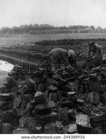 Man and woman digging for peat which, when dried, is a fuel source for heating and cooking. Ireland, between 1880 and 1930.