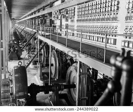 Edison Sault Power Plant at Sault Ste. Marie, Michigan was powered by the 21 foot drop of Saint Mary\'s River between Lakes Superior and Huron. 1916-17 photo shows a Westinghouse switchboard.