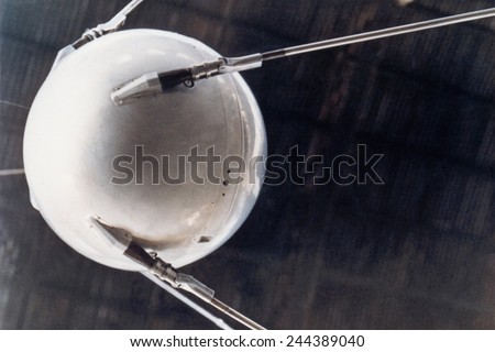 A model of Sputnik 1, the first human-made object in space. The Earth-orbiting artificial satellite was launched by the Soviet Union on October 4, 1957.