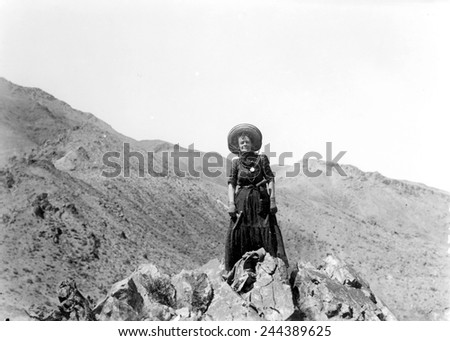 Prospector Mrs. Clara Dunwoody on her variscite mining claim near Sodaville in Mineral County, Nevada. May 1910. Variscite is a semi-precious stone similar to turquoise.