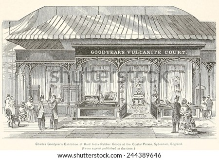 Goodyear\'s Vulcanite Court, the Exhibition of Hard India Rubber Goods at the Crystal Palace Exhibition in 1851. Goodyear spend $30,000 on the display.