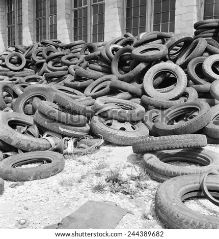 Rubber tires gathered to be recycled August, 1941. Natural rubber was always expensive, after World War II cut of supplies from Southeast Asia, making rubber conservation and recycling was essential.