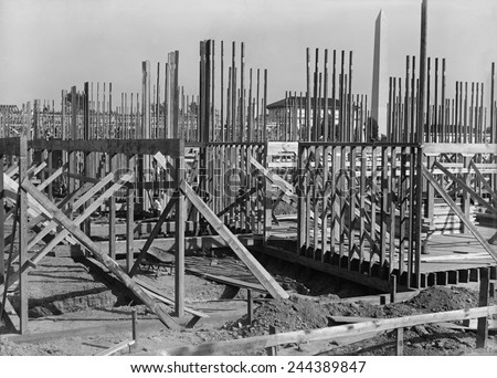 Wood frame construction of the Counsel of National Defense Headquarters in Washington, D.C. in 1917.