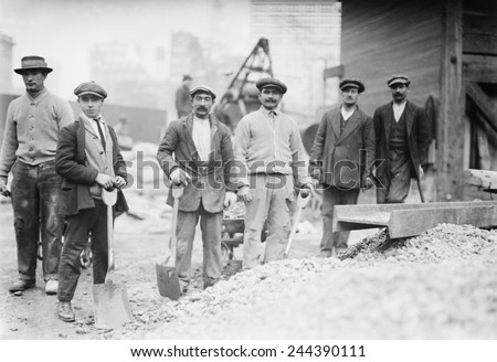 Alien Subway workers with shovels dressed in their street clothing, as they begin work constructing the New York City Subway. Ca. 1910.