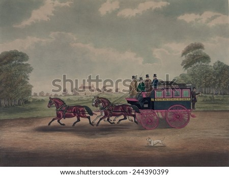 Five men on a passenger coach traveling between the English towns of Norwich and Cromer. Engraving based on a painting by Charles C. Hunt 1830.