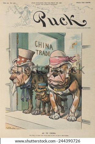 AS TO CHINA. Cartoon shows Uncle Sam John Bull and Japan as dogs guarding an open doorway \'China Trade\'. European powers established economic zones that blocked U.S. free trade with China.
