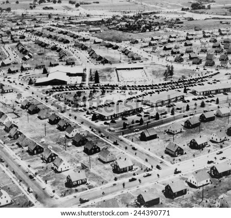Aerial view of Levittown New York in 1953. Levittown was named after William Levitt the builder of the planned suburban community on Long Island New York. Ca. 1950.
