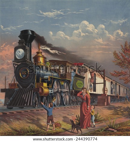 THE FAST MAIL. Railroads became moving post offices that picked up with special hook and delivered mail bags without stopping. Post Office cars were staffed to sort mail en route. Ca. 1875.