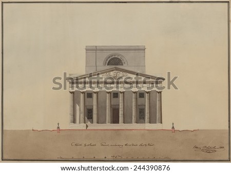 Architect\'s drawing for the 2nd Bank of the United States chartered in 1816 with many branches throughout the states. It succeeded with a gap of 5 years First Bank of the United States.