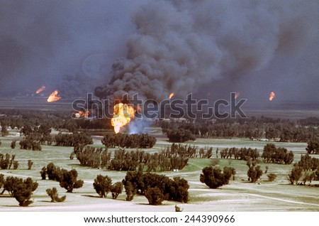 Kuwaiti oil wells were set on fire by retreating Iraqi forces during Operation Desert Storm. Mar. 2 1991