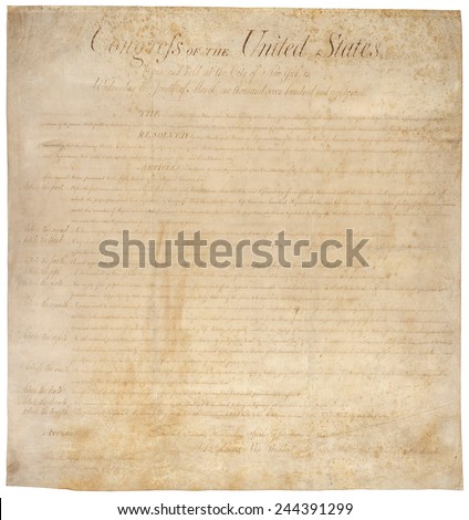 The Bill of Rights. The first ten amendments to the US Constitution were adopted by the House of Representatives on August 21 1789 and ratified December 15 1791.