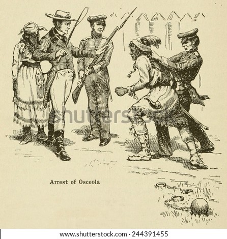 Arrest of Osceola on October 21 1837. He was captured when he arrived for supposed truce negotiations and died of Malaria three months later as a US prisoner.