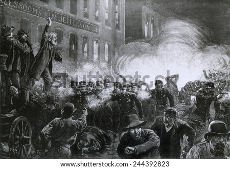 The Haymarket Riot, May 4, 1886, Chicago. Beginning as a strike rally, an unknown person threw a dynamite bomb that killed eight police and a number of civilians.