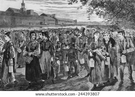 Bell-Time,\' wood engraving after Winslow Homer drawing of 1868 shows workers leaving the Lawrence, Massachusetts, factory at the end of their 13 hour day.