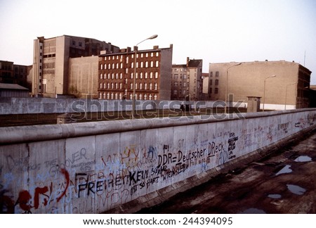 The Berlin Wall separated Communist-controlled East Germany from West Berlin. Graffiti marks the West Berlin side while the East side remains spotless. June 1 1983.