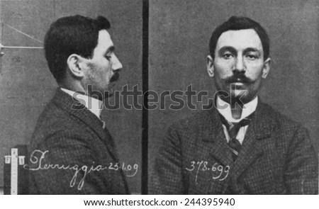Mugshots of Vincenzo Perruggia, an employee of the Louvre Museum who stole the Mona Lisa on August 21, 1911. He was caught two years later.