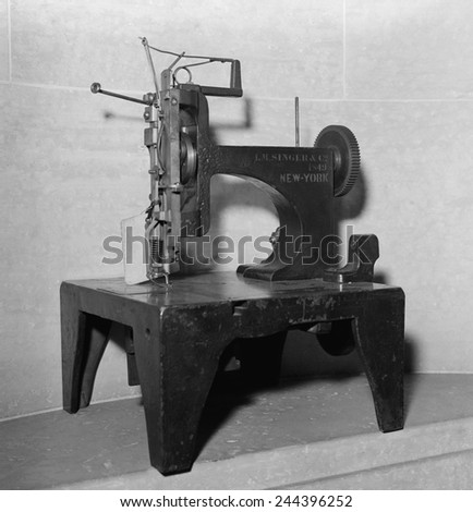1849 model of the first commercially successful sewing machine. Invented by Issac Singer. Singer built the first sewing machine with verticle needle movement powered by foot treadle.