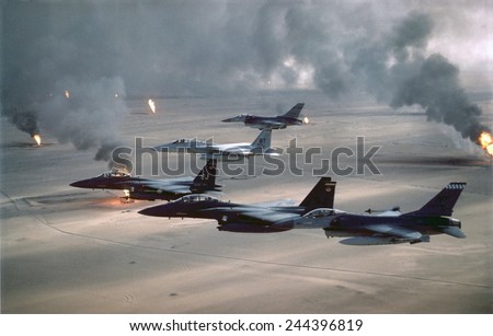 U.S. Air Force fighters patrol no-fly zone over Iraq. After First Gulf War in 1991 U.S. and Allied forces began Operation Southern Watch on Aug. 26 1992 to ensure Iraq\'s compliance with cease fire.
