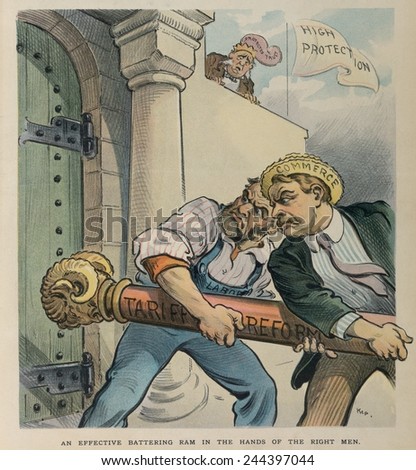 AN EFFECTIVE BATTERING RAM IN THE HANDS OF THE RIGHT MEN. Labor and commerce using a battering ram to breech the wall of high protective tariffs. Udo Keppler cartoon published in PUCK on July 9 1902.