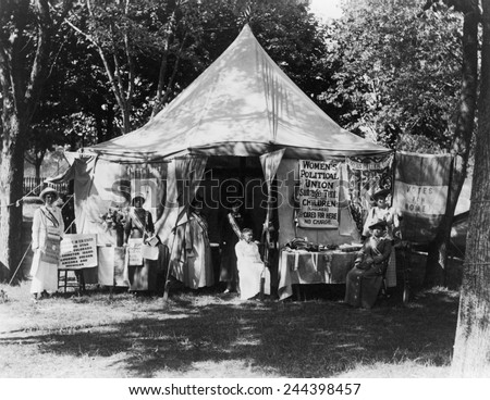 Women\'s Political Union campaigning in the summer of 1914 for passage of New York State women\'s suffrage amendment. They offered free baby-sitting to fairgoers at Suffolk County Fair on Long Island.