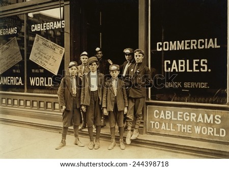 Teenage and child Telegraph messengers, completed final leg of long distance communication by delivering the physical paper telegraphs. Child laborers photographed by Lewis Hine, Indianapolis, 1908.