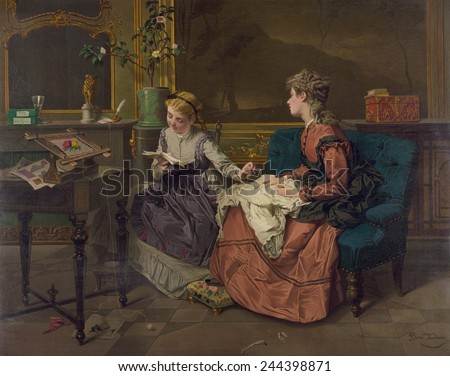 Domestic scene with two girls, one reading to another who sews. 1873.