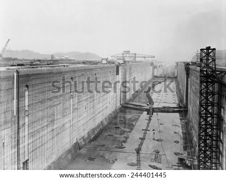 Panama Canal construction showing massive locks before the gates were installed. Ca. 1912.