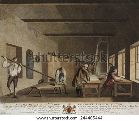 Irish Linen manufacture, 1782. A lapping room where the linen was prepared for shipping to market. Men are measuring, folding and tieing into bolts of fabric. Engraving by William Hincks 1782.