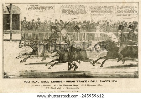 Election of 1836. Political cartoon of the 1836 presidential election as race between four candidate horses jockeyed by their political constituency.