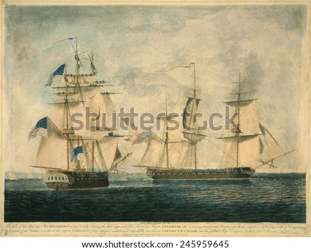 USS Chesapeake vs. HMS Shannon during the War of 1812. HMS Shannon was victories boarding and capturing the USS Chesapeake in short engagement off Cape Cod on June 1 1813.