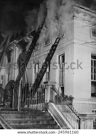 Christmas Eve fire at the White House West Wing in 1929. Built during the Theodore Roosevelt Presidency the West Wing was damaged and the Taft Oval Office was gutted.