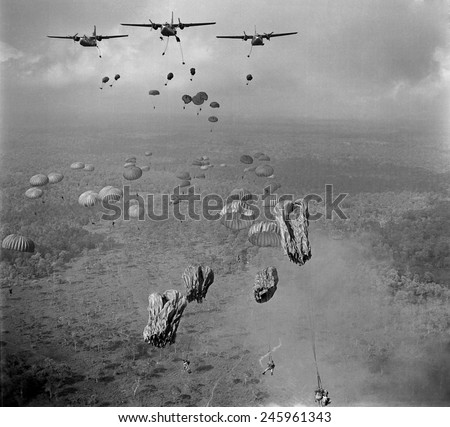Vietnam War. In March 1963, 840 South Vietnamese paratroopers jump from US Air Force C-123 planes in a strike against Viet Cong in the Tay Ninh Province of South Vietnam.