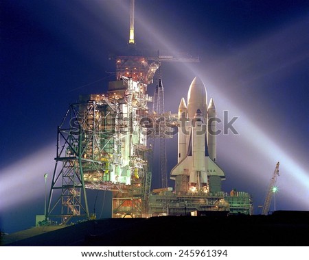 The Columbia on the launch pad prior to the first launch of the 30 year Space Shuttle program. April 12, 1981.