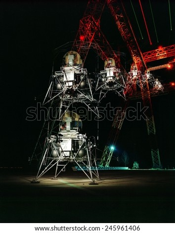 Multiple exposure of a simulated Moon landing of the Lunar Lander at NASA's Langley's Research Facility. April 11, 1967.