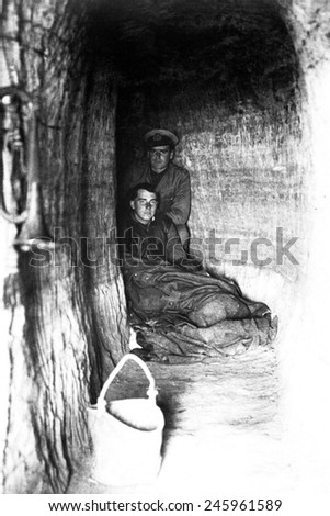 WWI British troops in bomb proof shelter on the West Beach during the Dardanelles Campaign. Ca. 1915.