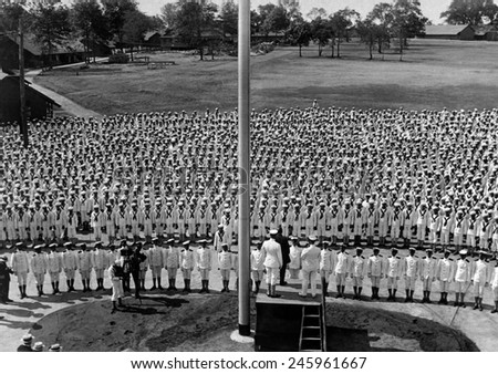 Secretary of the Navy Daniels making a patriotic speech to the officers and men of the Pelham Bay Naval Training Station on July 4, 1918 during WWI.