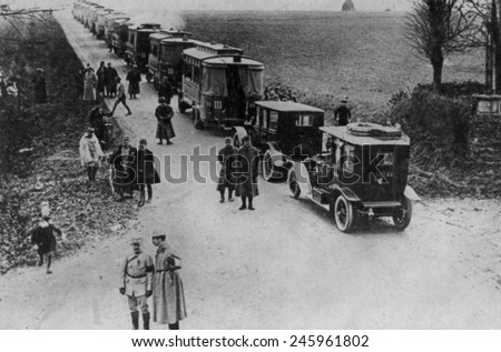 WWI. Paris taxi cabs and buses lined to take over 4000 French soldiers to reinforce the 6th Army facing the Germans during of Battle of the Marne near Nanteuil. Sept. 6-8, 1914.
