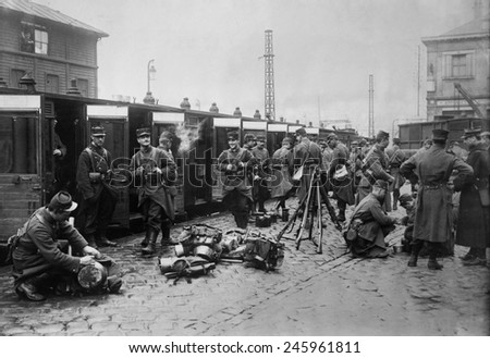 WWI. French troops equipped for battle at a train station. Possibly during the Battle of the Marne. Ca. September 6-12, 1914.