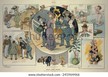 UNCLE SAM\'S INCOME a April 21 1909 cartoon suggesting various taxes on wealth activities marriage and divorce dogs etc. The cartoon comments on Congress\'s consideration of a 16th amendment.