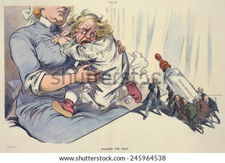 WEANING THE BABY. Cartoon of an infant labeled \'Protected Privilege\' clinging to a nurse labeled \'High Tariff\' because President Wilson wants to feed her from a baby bottle. April 30 1913.