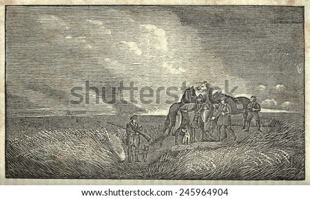 Illustration of Lewis and Clark\'s expedition from 1803-6. Explorers with horses on the Great Plains.