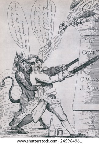 MAD TOM IN A RAGE. Federalist cartoon depicting Jefferson as a brandy-soaked anarchist tearing down the pillars of government. Ca. 1795-1809.