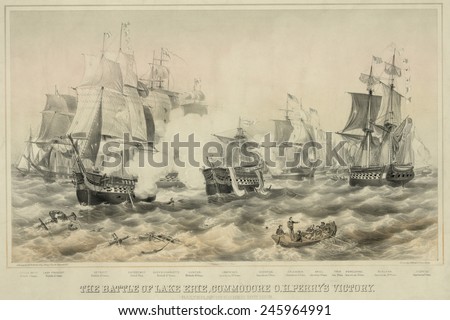 Battle of Lake Erie. American and British battleships in close quarters on Lake Erie engaged in battle September 10 1813.