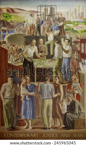 WPA Mural. \'Contemporary Justice and Man\' by John Ballator 1937. Located in the Department of Justice Washington D.C.