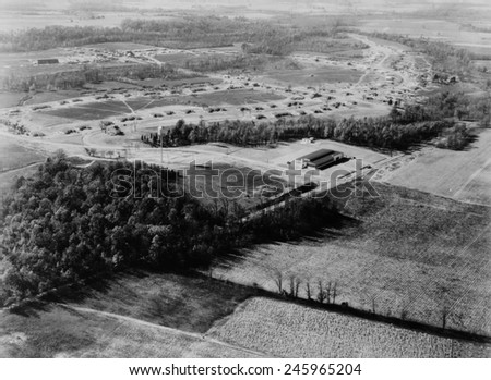 Aerial view of Jersey Homesteads, was one of ninety-nine communities created by New Deal programs. Hightstown, New Jersey, ca. 1937.