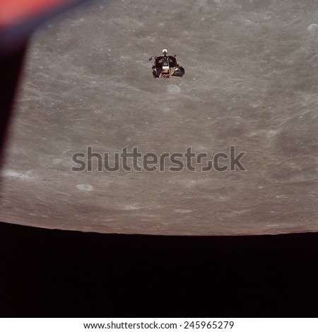 The Apollo 11 Lunar Module ascending from Moon\'s surface. July 20, 1969.